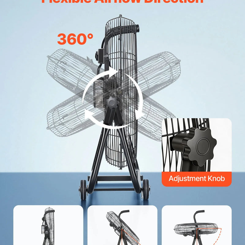 VEVOR industriālais grīdas ventilators 61 cm, 7500 CFM augstas veiktspējas gaisa plūsma, alumīnija lāpstiņas, 3 ātrumi, 360° regulējams slīpums, piemērots darbnīcām, noliktavām, garāžām un komerctelpām, melns