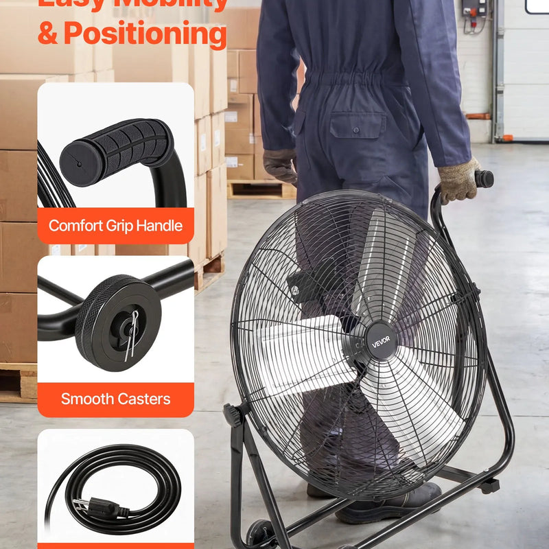VEVOR industriālais grīdas ventilators 61 cm, 7500 CFM augstas veiktspējas gaisa plūsma, alumīnija lāpstiņas, 3 ātrumi, 360° regulējams slīpums, piemērots darbnīcām, noliktavām, garāžām un komerctelpām, melns