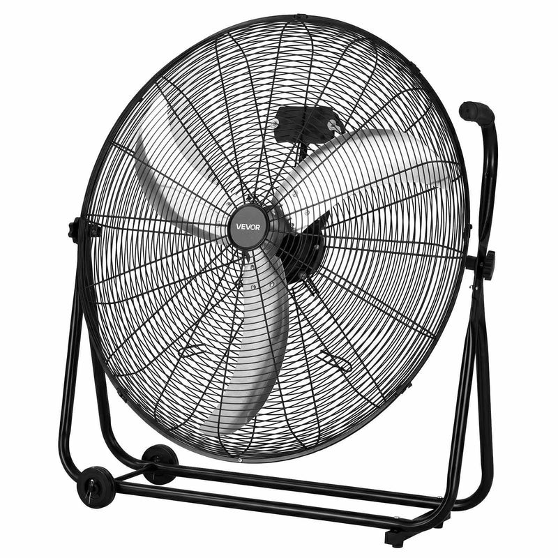 VEVOR industriālais grīdas ventilators, 762mm, 20388m³/h, 3 ātrumi, jaudīgas alumīnija lāpstiņas, 360° regulējams slīpuma leņķis, komerctelpām, garāžām, noliktavām, pagrabiem un darbnīcām, melns