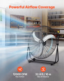 VEVOR industriālais grīdas ventilators, 762mm, 20388m³/h, 3 ātrumi, jaudīgas alumīnija lāpstiņas, 360° regulējams slīpuma leņķis, komerctelpām, garāžām, noliktavām, pagrabiem un darbnīcām, melns
