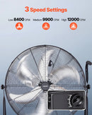 VEVOR industriālais grīdas ventilators, 762mm, 20388m³/h, 3 ātrumi, jaudīgas alumīnija lāpstiņas, 360° regulējams slīpuma leņķis, komerctelpām, garāžām, noliktavām, pagrabiem un darbnīcām, melns