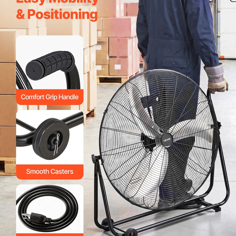 VEVOR industriālais grīdas ventilators, 762mm, 20388m³/h, 3 ātrumi, jaudīgas alumīnija lāpstiņas, 360° regulējams slīpuma leņķis, komerctelpām, garāžām, noliktavām, pagrabiem un darbnīcām, melns
