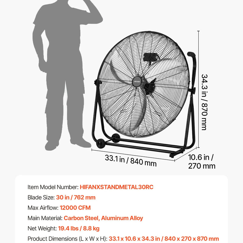 VEVOR industriālais grīdas ventilators, 762mm, 20388m³/h, 3 ātrumi, jaudīgas alumīnija lāpstiņas, 360° regulējams slīpuma leņķis, komerctelpām, garāžām, noliktavām, pagrabiem un darbnīcām, melns