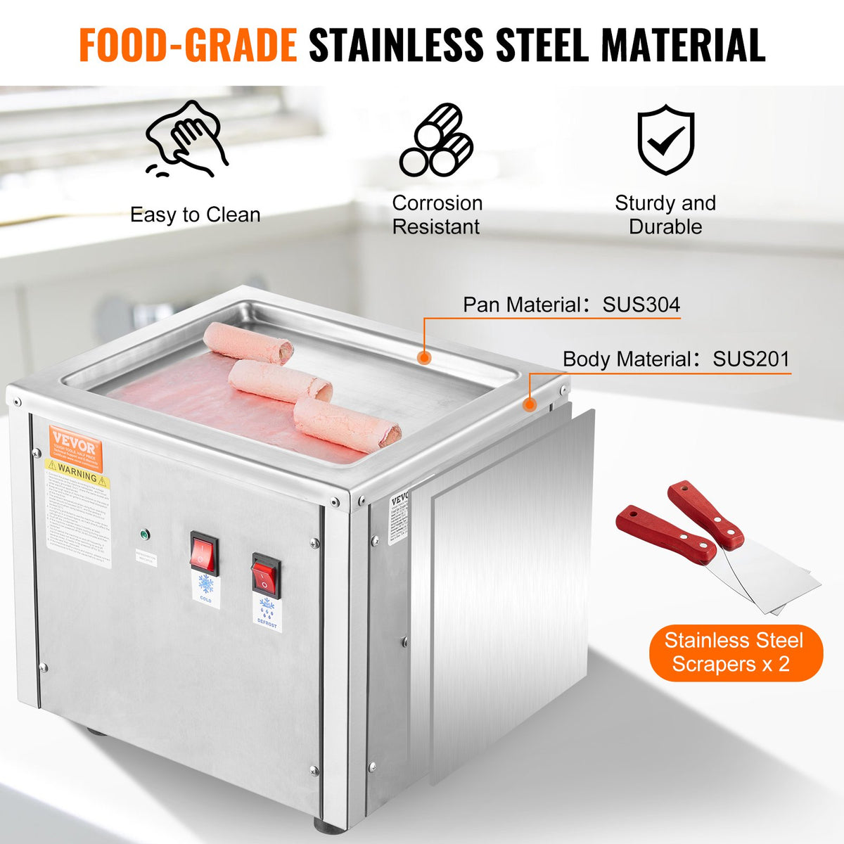VEVOR Rolled Ice Cream Machine with 28 × 24 cm Pan