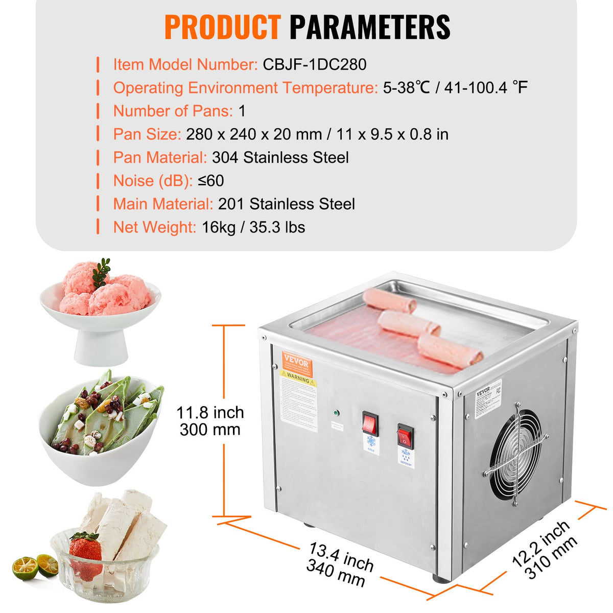 VEVOR Rolled Ice Cream Machine with 28 × 24 cm Pan