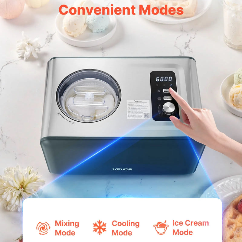 Automātiskā saldējuma mašīna ar iebūvētu kompresoru, 1,5 L elektriskā gelato un sorbeta gatavotāja ar 3 režīmiem mājas virtuvei