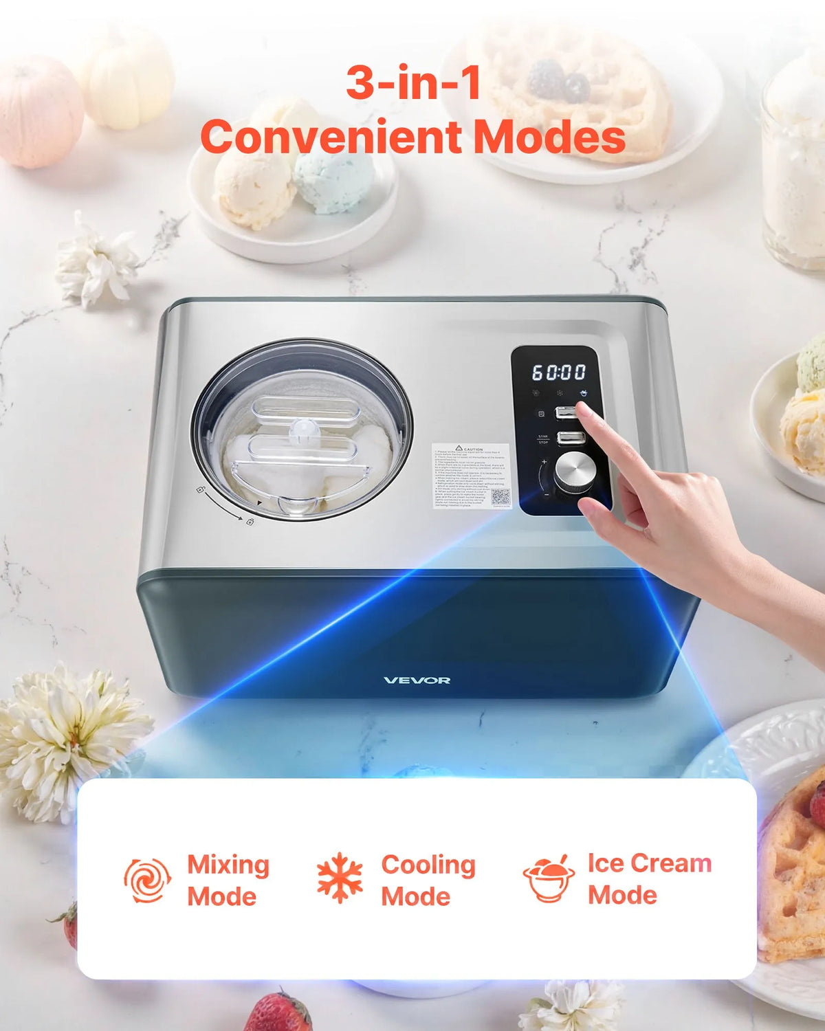 VEVOR Automatic Ice Cream Maker 1.5 L with Compressor, 3 Modes, for Gelato and Sorbet, Home Use