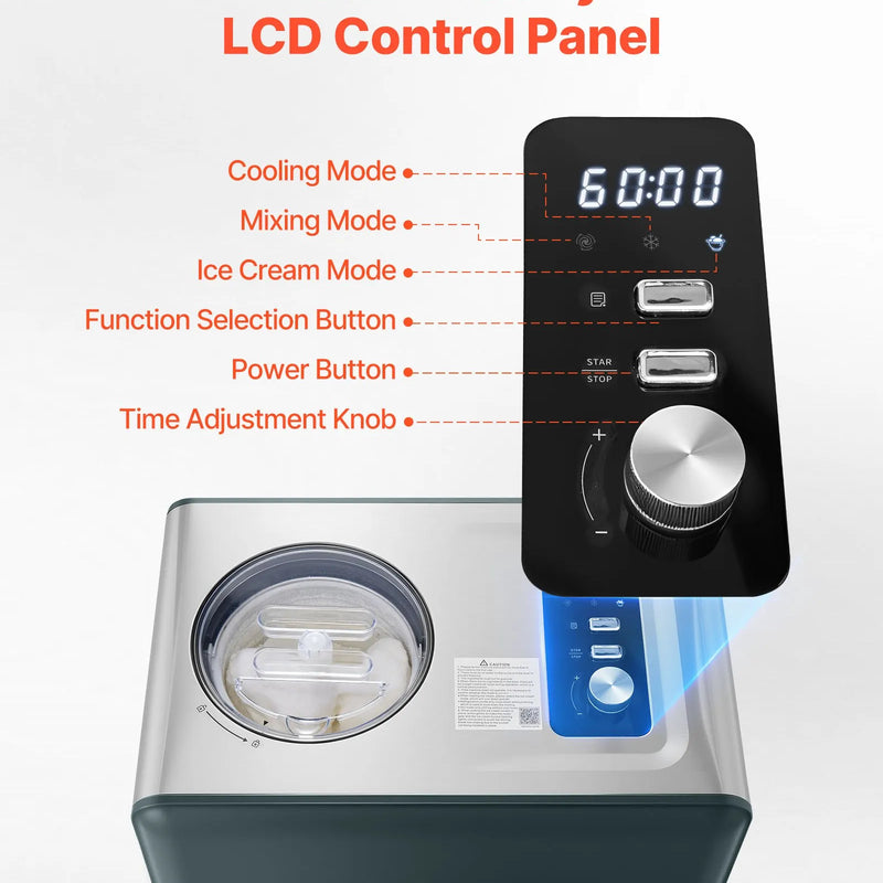 Automātiskā saldējuma mašīna ar iebūvētu kompresoru, 1,5 L elektriskā gelato un sorbeta gatavotāja ar 3 režīmiem mājas virtuvei