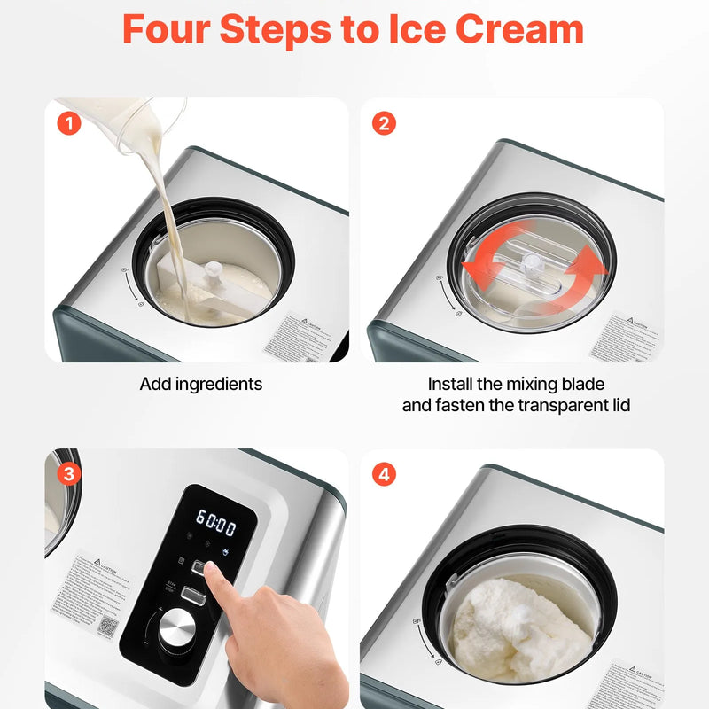 Automātiskā saldējuma mašīna ar iebūvētu kompresoru, 1,5 L elektriskā gelato un sorbeta gatavotāja ar 3 režīmiem mājas virtuvei