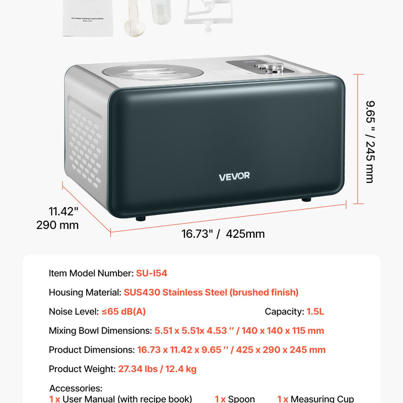 Automātiskā saldējuma mašīna ar iebūvētu kompresoru, 1,5 L elektriskā gelato un sorbeta gatavotāja ar 3 režīmiem mājas virtuvei