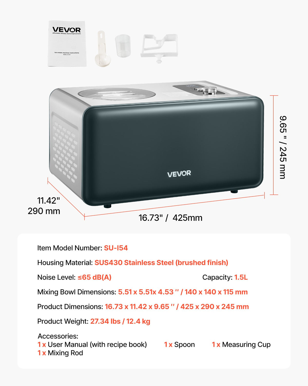 VEVOR Automatic Ice Cream Maker 1.5 L with Compressor, 3 Modes, for Gelato and Sorbet, Home Use