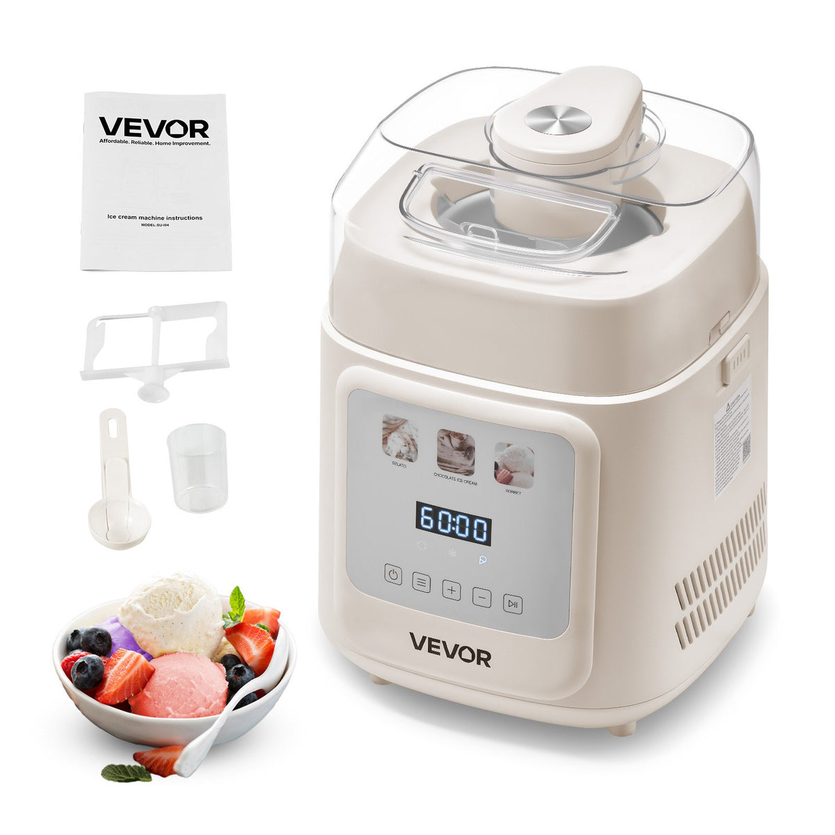 VEVOR Automatic Ice Cream Machine 1 L with Compressor, Vertical, 4 Modes, for Gelato and Sorbet, Home Use