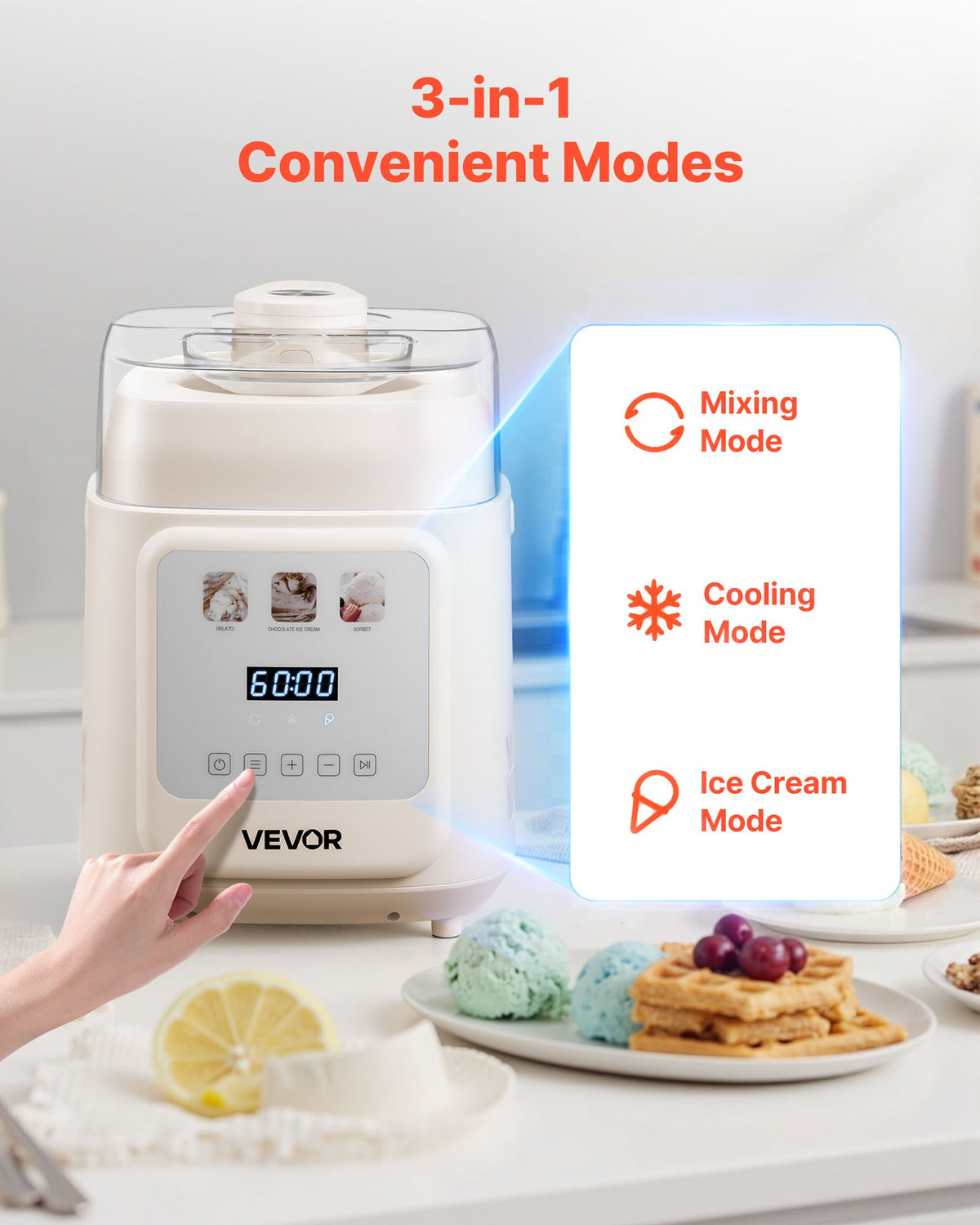 VEVOR Automatic Ice Cream Machine 1 L with Compressor, Vertical, 4 Modes, for Gelato and Sorbet, Home Use