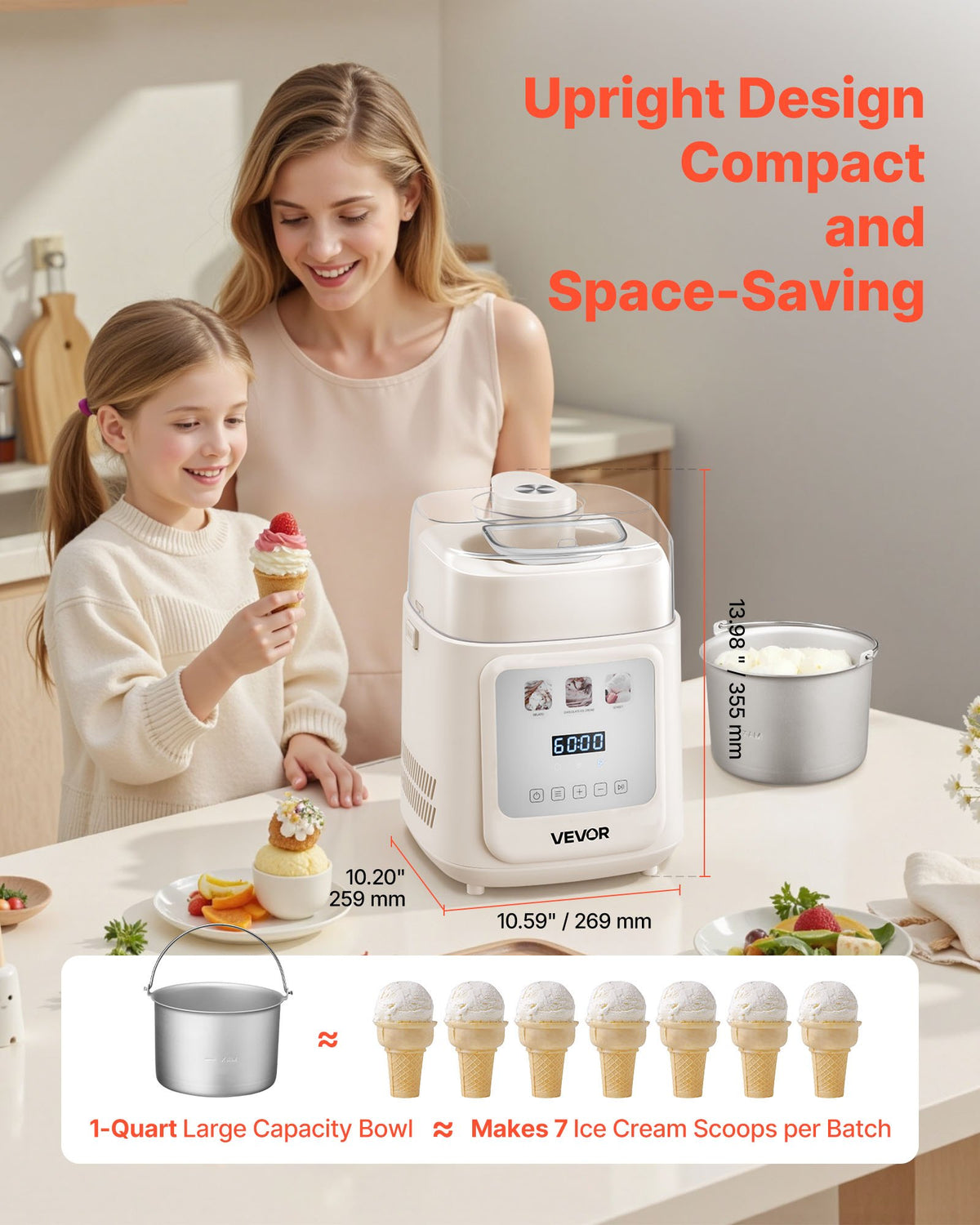 VEVOR Automatic Ice Cream Machine 1 L with Compressor, Vertical, 4 Modes, for Gelato and Sorbet, Home Use