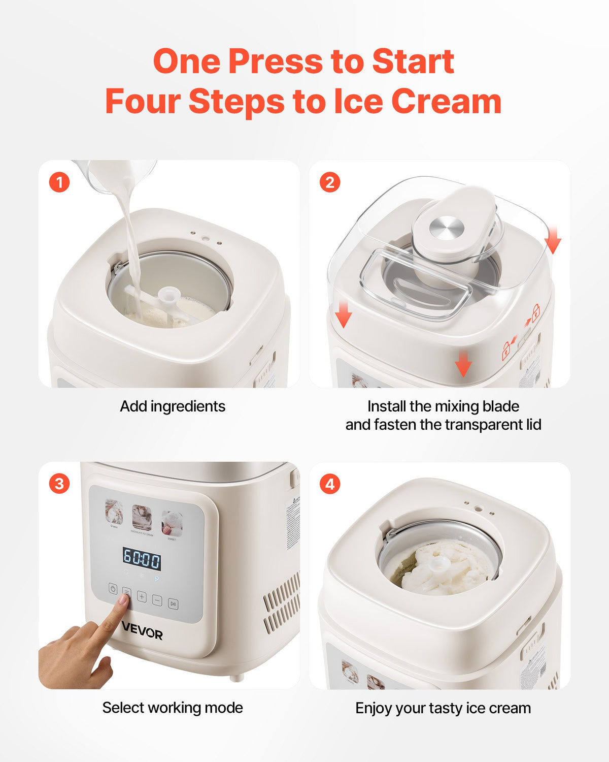 VEVOR Automatic Ice Cream Machine 1 L with Compressor, Vertical, 4 Modes, for Gelato and Sorbet, Home Use