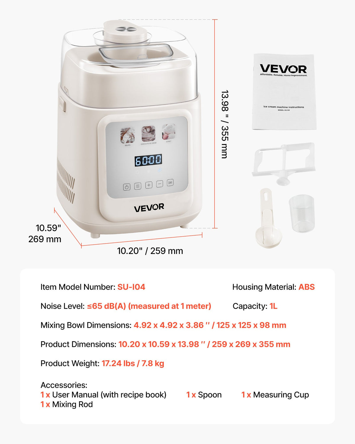 VEVOR Automatic Ice Cream Machine 1 L with Compressor, Vertical, 4 Modes, for Gelato and Sorbet, Home Use