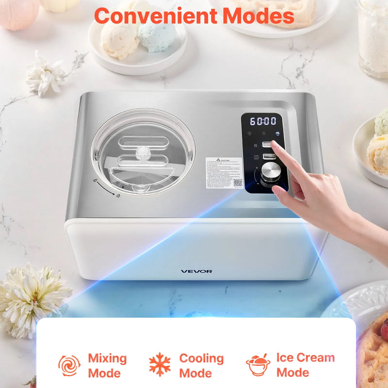 Automātiskā saldējuma mašīna ar iebūvētu kompresoru 2 L, elektriskā saldējuma un sorberta gatavotāja ar 3 režīmiem mājas virtuvei