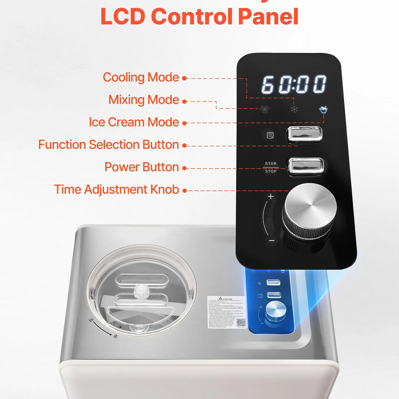 Automātiskā saldējuma mašīna ar iebūvētu kompresoru 2 L, elektriskā saldējuma un sorberta gatavotāja ar 3 režīmiem mājas virtuvei