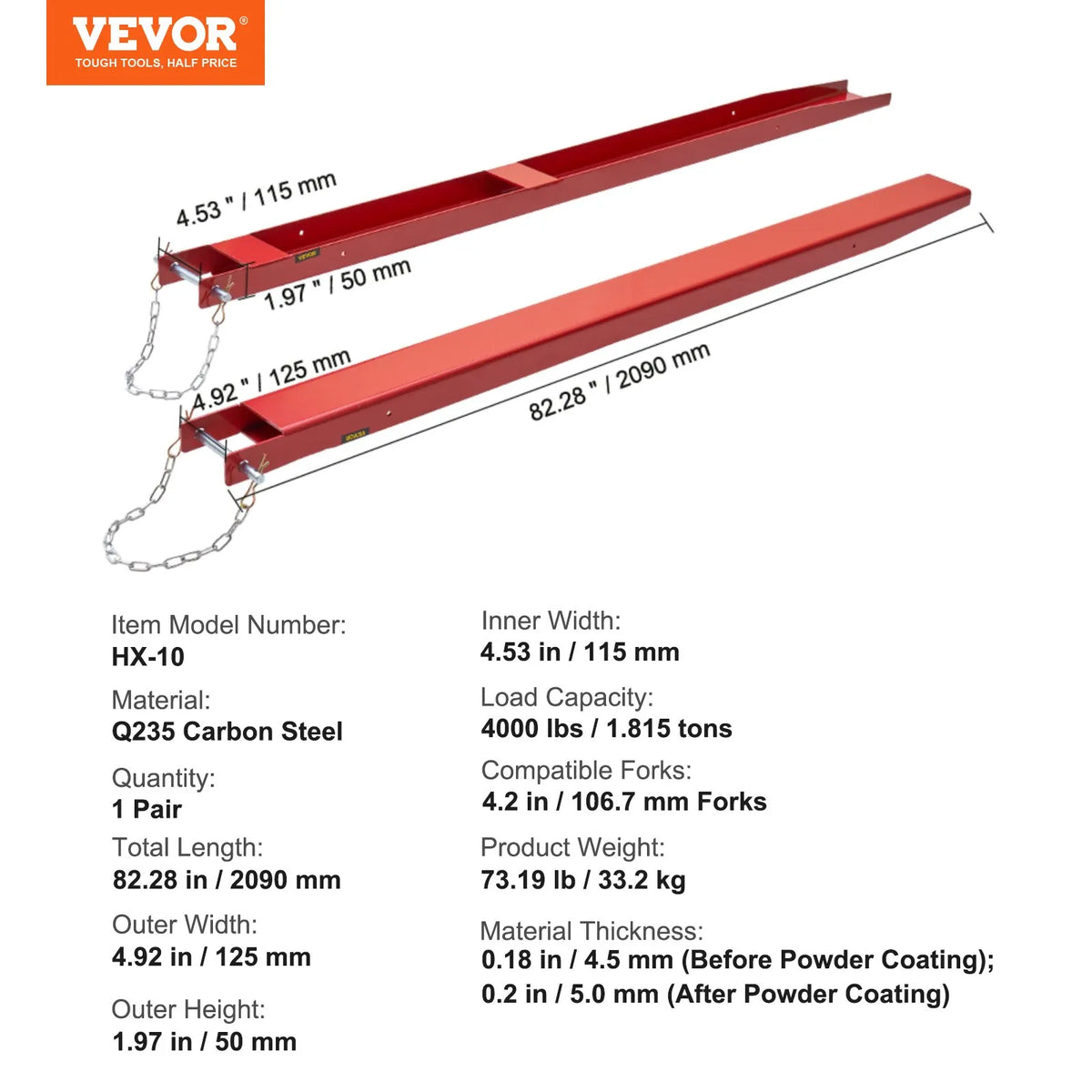 VEVOR-i kahvli pikendused, pikkus 2080 mm, laius 114 mm, rasketehnika süsinikterasest kahvli pikendused kahvlitele koos kinnitustappidega, kahvli otsad kahvlitele, punased