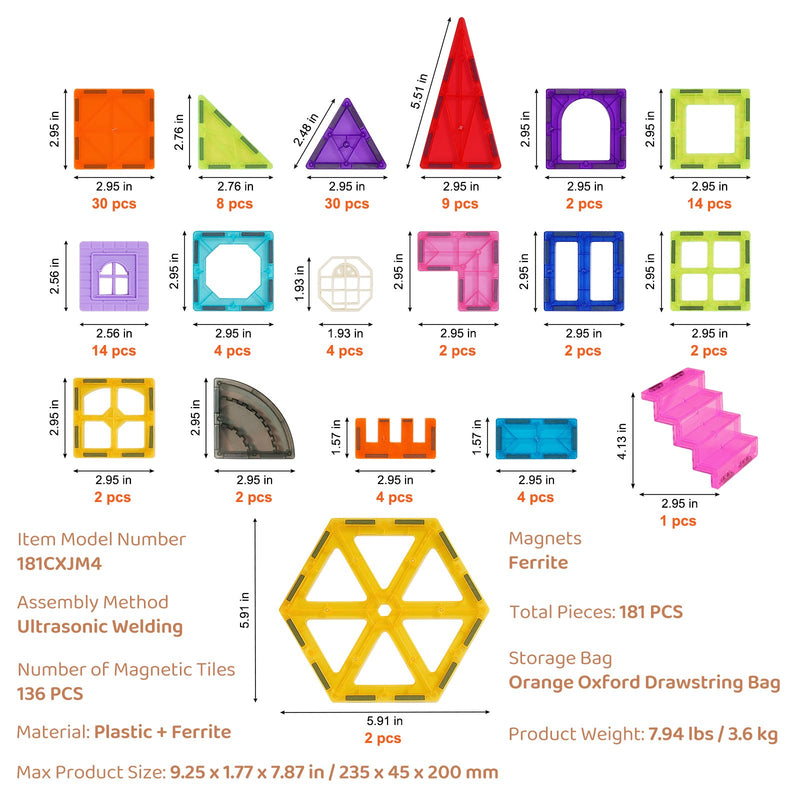 VEVOR magnētisko flīžu būvēšanas rotaļlieta bērniem, 181 gab. 3D magnētu bloku komplekts