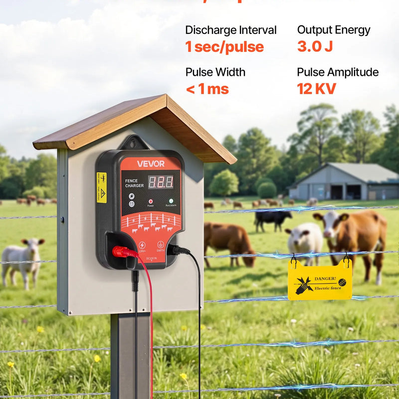 VEVOR elektriskā žoga impulsa ģenerators, 10 kV, 3 J, maiņstrāvas un līdzstrāvas barošana, LED indikators, darbības attālums 3 km, aizsardzībai pret savvaļas dzīvniekiem