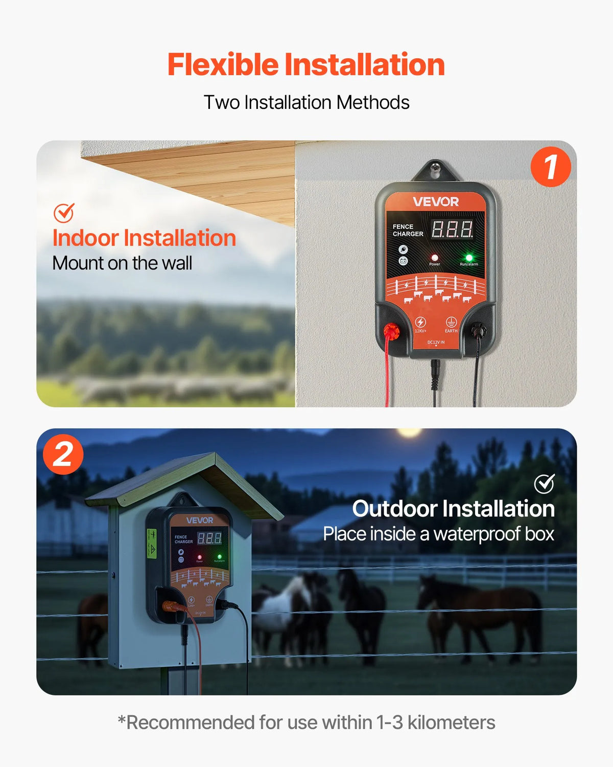 VEVOR elektriaia impulssigeneraator, 10 kV, 3 J, vahelduv- ja alalisvoolu toide, LED-indikaator, tegevusulatus 3 km, kaitseks metsloomade eest