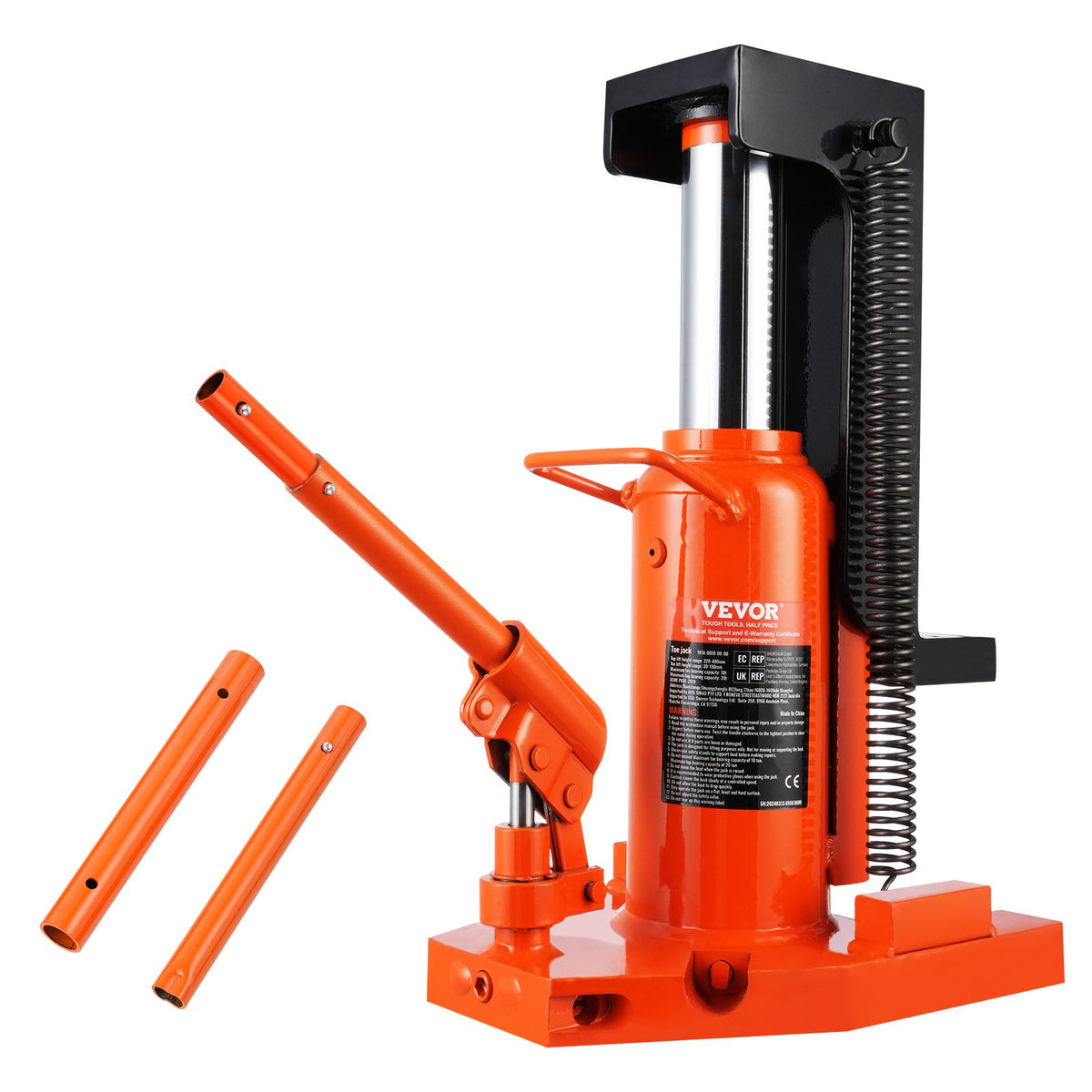 VEVOR Hydraulic Foot Jack 10 t (foot) / 20 t (top), pneumatic, 30–190 mm / 320–480 mm, for machinery and industry