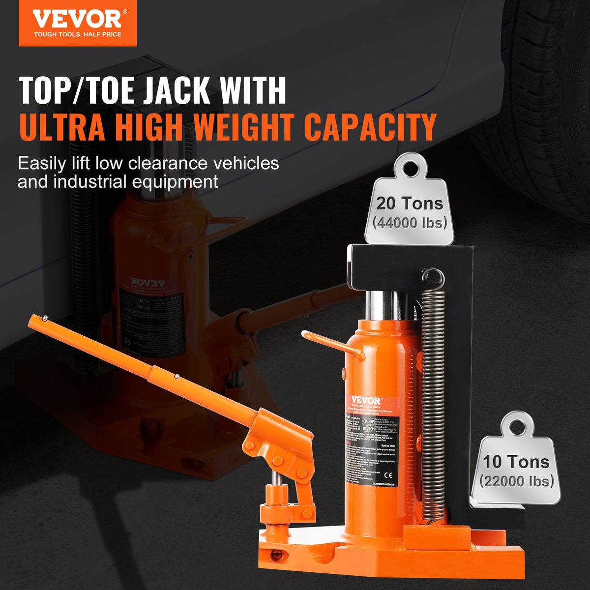 VEVOR Hydraulic Foot Jack 10 t (foot) / 20 t (top), pneumatic, 30–190 mm / 320–480 mm, for machinery and industry
