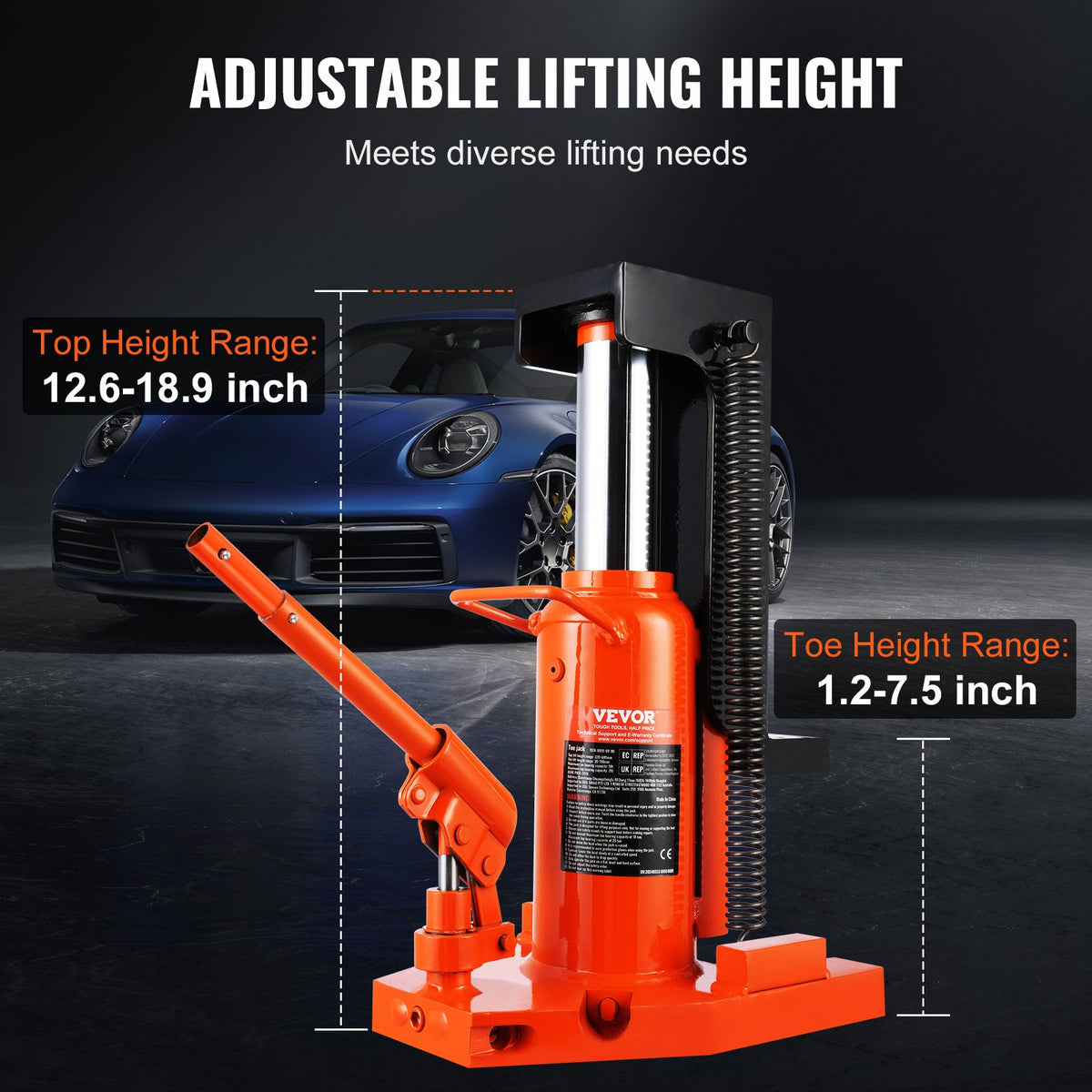 VEVOR Hydraulic Foot Jack 10 t (foot) / 20 t (top), pneumatic, 30–190 mm / 320–480 mm, for machinery and industry