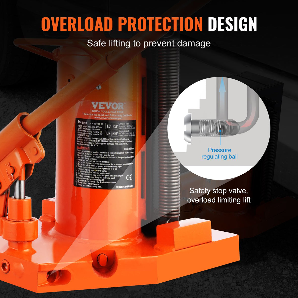 VEVOR Hydraulic Foot Jack 10 t (foot) / 20 t (top), pneumatic, 30–190 mm / 320–480 mm, for machinery and industry