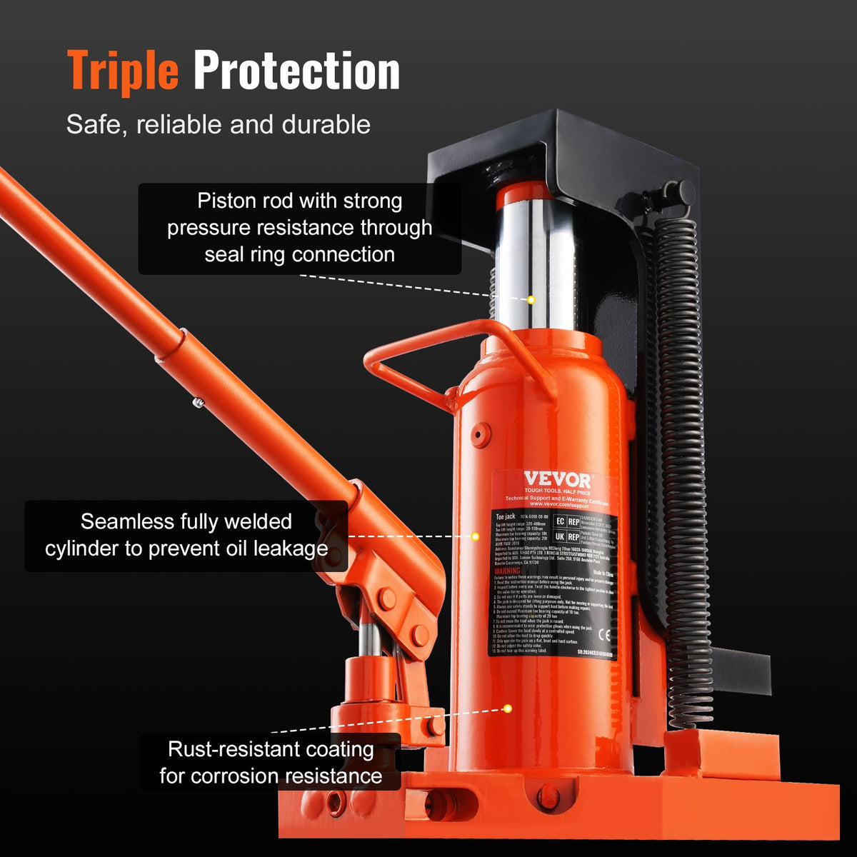VEVOR Hydraulic Foot Jack 10 t (foot) / 20 t (top), pneumatic, 30–190 mm / 320–480 mm, for machinery and industry
