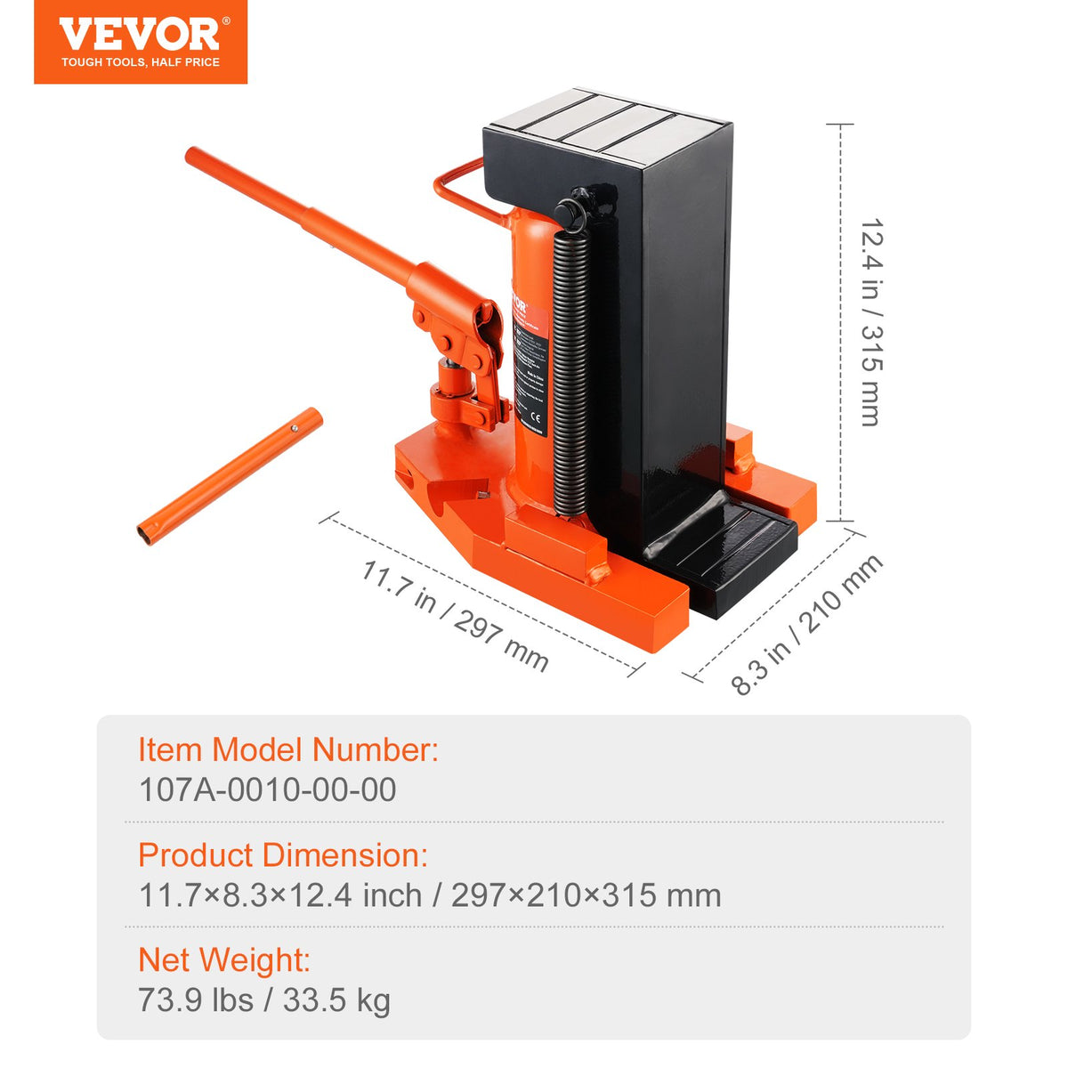 VEVOR Hydraulic Foot Jack 10 t (foot) / 20 t (top), pneumatic, 30–190 mm / 320–480 mm, for machinery and industry