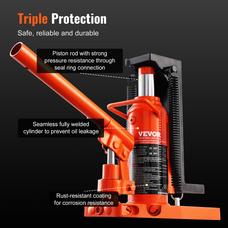 VEVOR Hidrauliskais Pirksta Domkrats - 2,5 Tonnu Pirksta Celšanas Jauda, 5 Tonnu Augšējās Celšanas Jauda