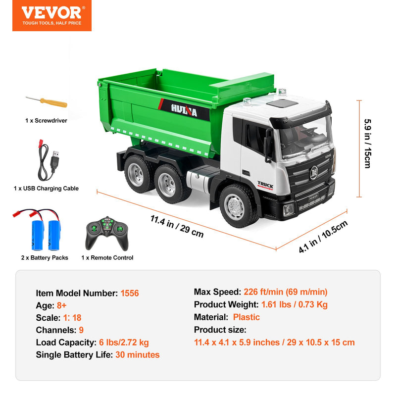 VEVOR RC tālvadības pašizgāzējs – būvniecības transportlīdzekļa rotaļlieta, 9 kanāli, 1:18 mērogs