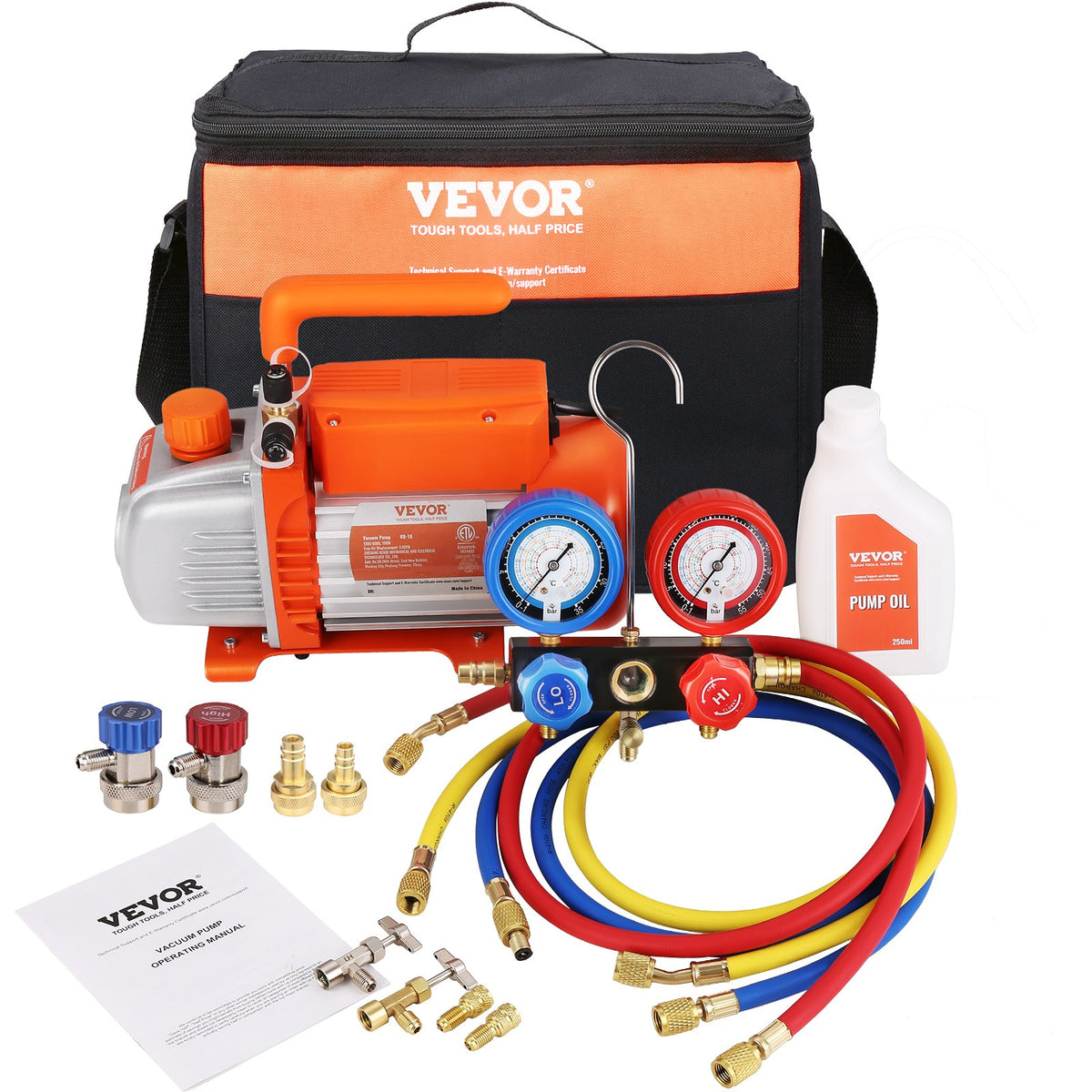 VEVOR AC Vacuum Pump and Gauge Set, 99 l/min Single-Stage Rotary Vane HVAC Vacuum Pump with Gauge Manifold, Three-Colour Hoses and Carrying Bag, Suitable for R134a and R1234yf Systems