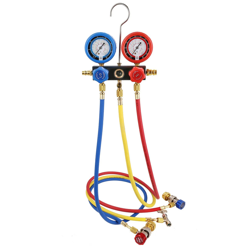 VEVOR AC vakuuma sūkņa un manometru komplekts, 99 l/min vienpakāpes rotācijas lāpstiņu HVAC vakuuma sūknis ar manometru kolektoru, trīs krāsu šļūtenēm un pārnēsāšanas somu, piemērots R134a un R1234yf sistēmām