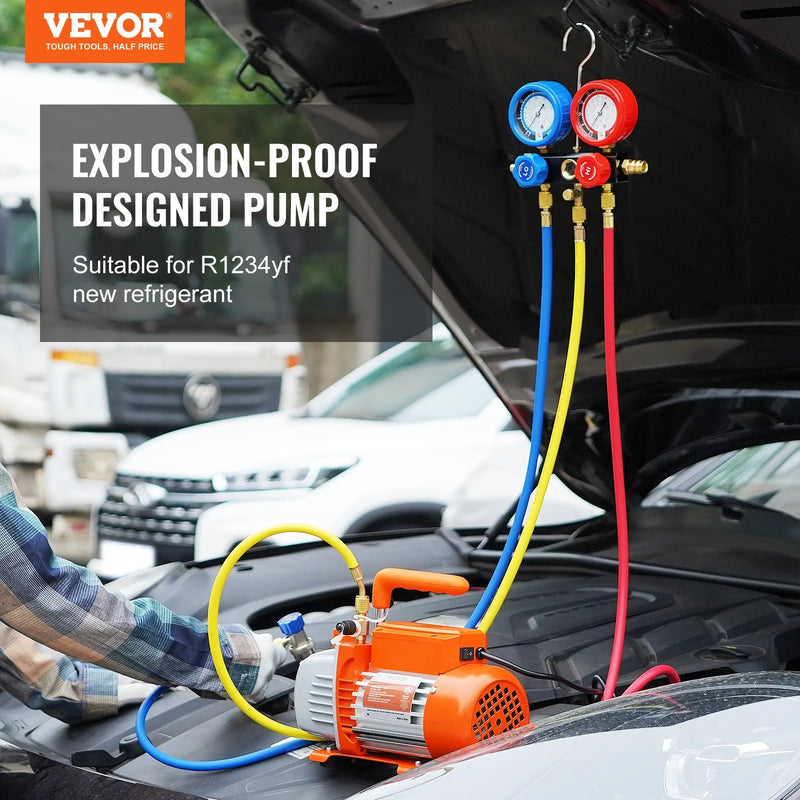 VEVOR AC vakuuma sūkņa un manometru komplekts, 99 l/min vienpakāpes rotācijas lāpstiņu HVAC vakuuma sūknis ar manometru kolektoru, trīs krāsu šļūtenēm un pārnēsāšanas somu, piemērots R134a un R1234yf sistēmām