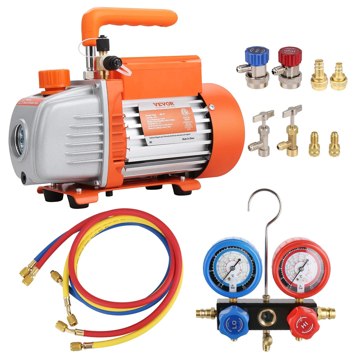 VEVOR AC Vacuum Pump and Gauge Set, 99 l/min Single-Stage Rotary Vane HVAC Vacuum Pump with Gauge Manifold, Three-Colour Hoses and Carrying Bag, Suitable for R134a and R1234yf Systems