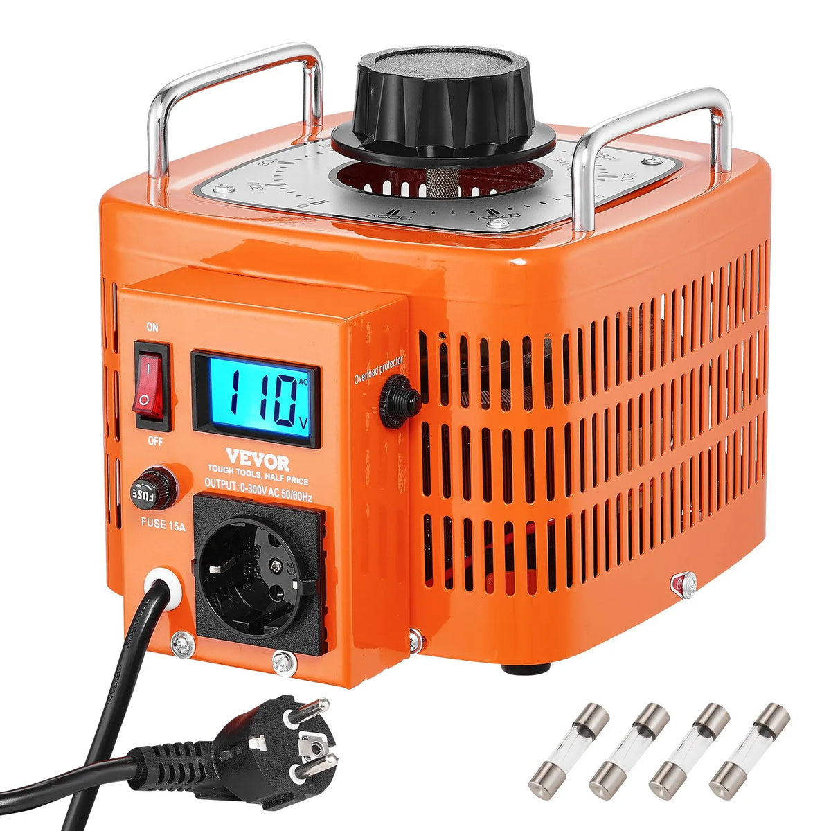 VEVOR Automātiskais Regulējamais Sprieguma Transformators 3000VA, 10 A, 230 V Ieeja 0–300 V Izeja, AC Sprieguma Regulators ar LCD Displeju, 4 Papildu Drošinātājiem, Termo Kontroles Slēdzi, CE Sertificēts - ZEMLETES.LV