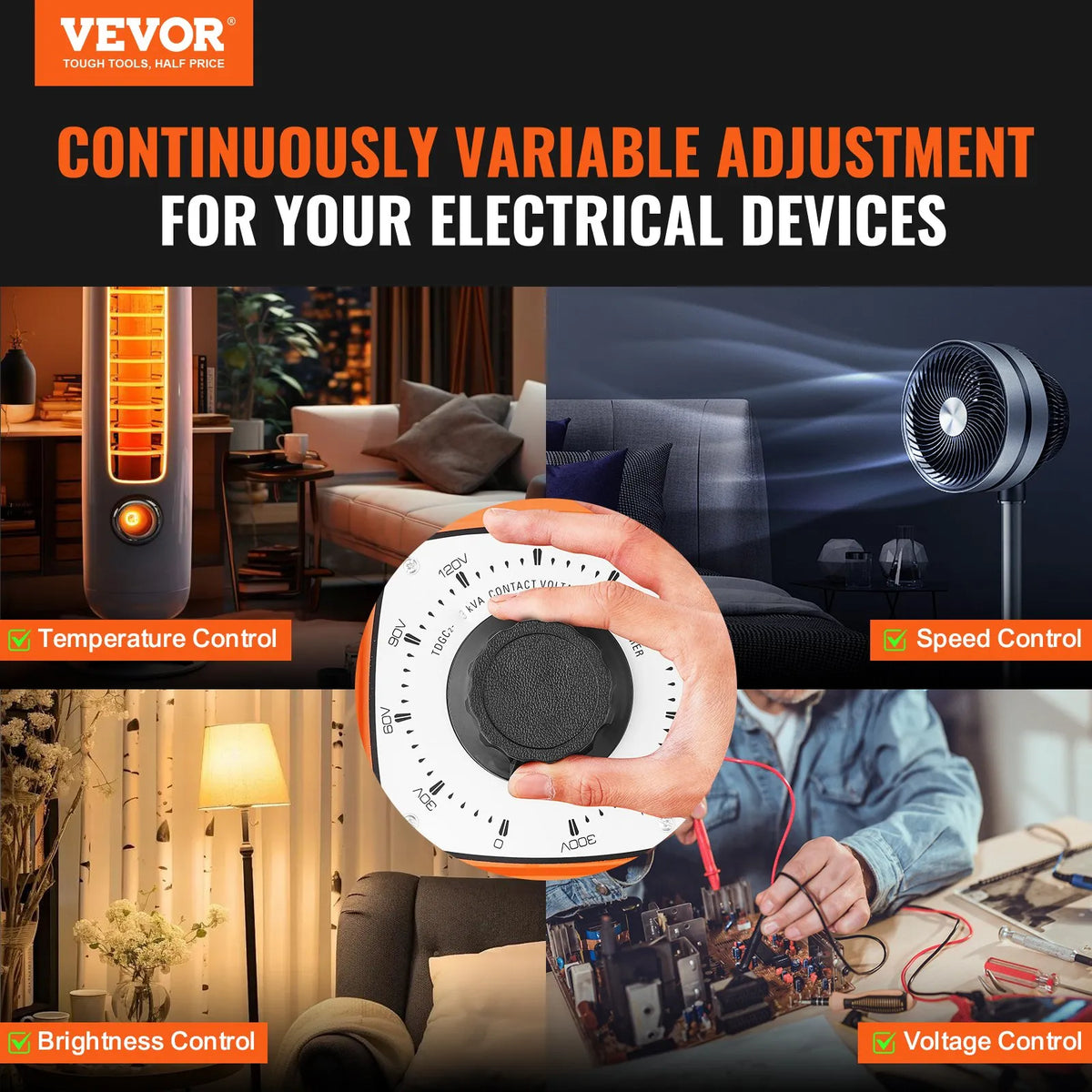VEVOR Automātiskais Regulējamais Sprieguma Transformators 3000VA, 10 A, 230 V Ieeja 0–300 V Izeja, AC Sprieguma Regulators ar LCD Displeju, 4 Papildu Drošinātājiem, Termo Kontroles Slēdzi, CE Sertificēts - ZEMLETES.LV