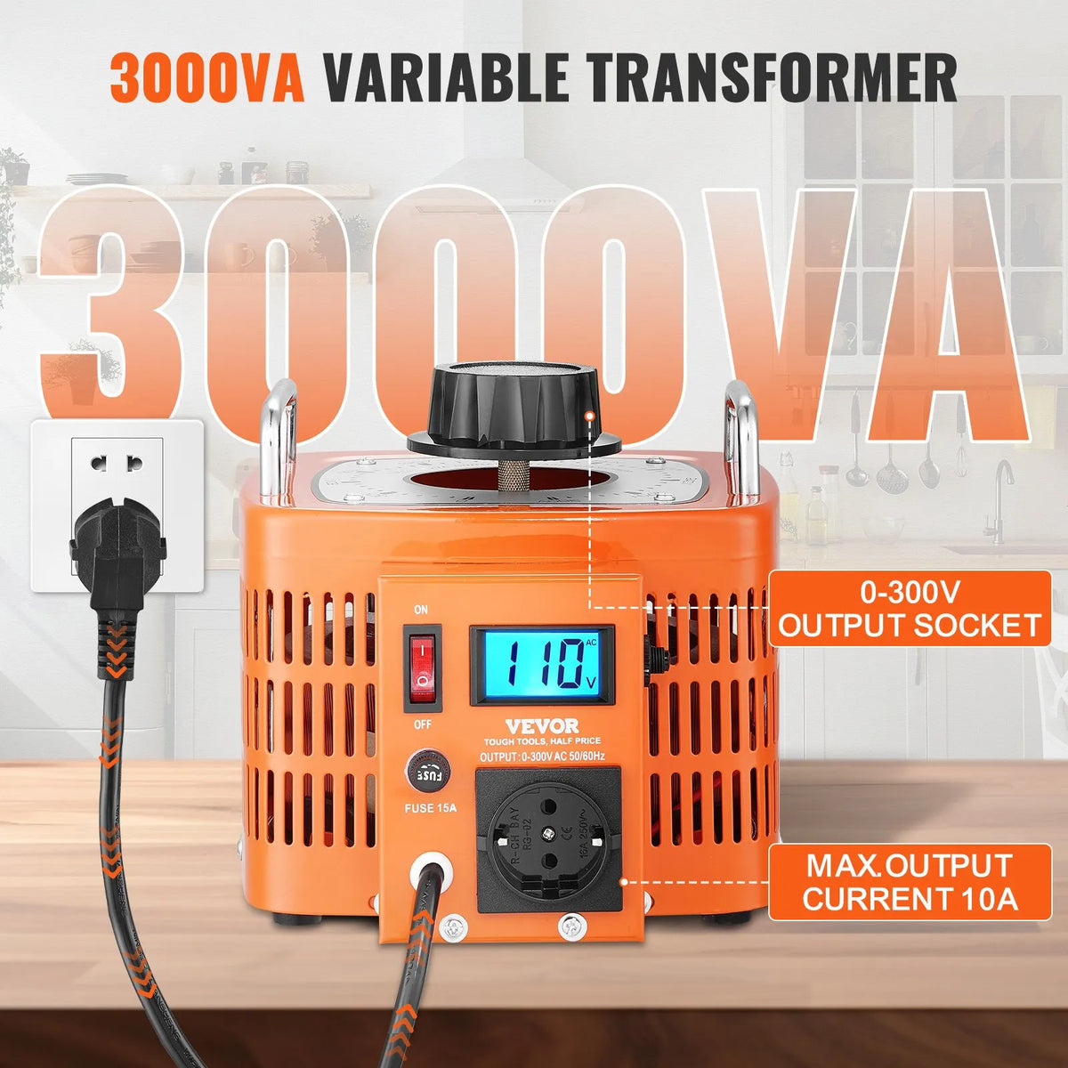 VEVOR Automātiskais Regulējamais Sprieguma Transformators 3000VA, 10 A, 230 V Ieeja 0–300 V Izeja, AC Sprieguma Regulators ar LCD Displeju, 4 Papildu Drošinātājiem, Termo Kontroles Slēdzi, CE Sertificēts - ZEMLETES.LV