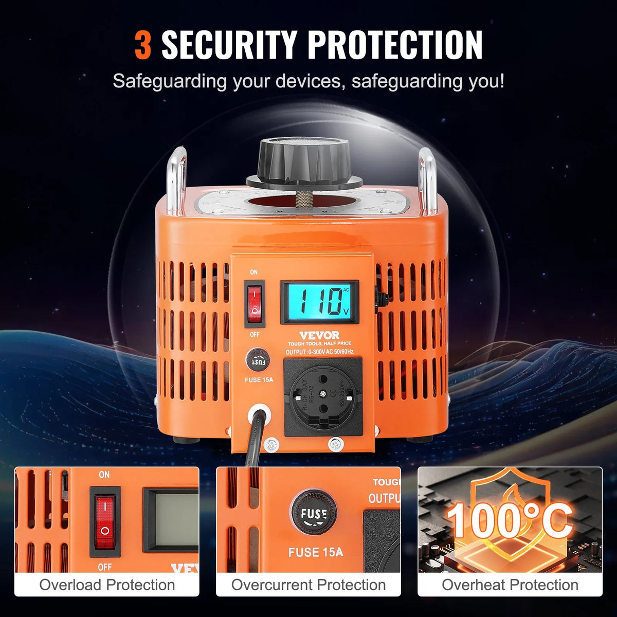 VEVOR Automātiskais Regulējamais Sprieguma Transformators 3000VA, 10 A, 230 V Ieeja 0–300 V Izeja, AC Sprieguma Regulators ar LCD Displeju, 4 Papildu Drošinātājiem, Termo Kontroles Slēdzi, CE Sertificēts - ZEMLETES.LV