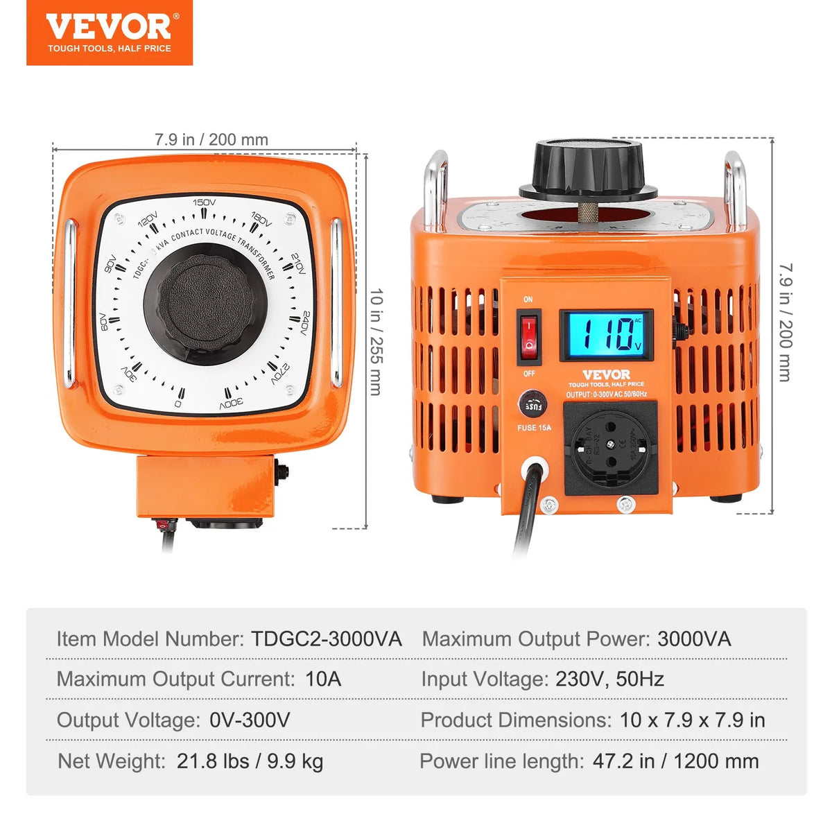 VEVOR Automātiskais Regulējamais Sprieguma Transformators 3000VA, 10 A, 230 V Ieeja 0–300 V Izeja, AC Sprieguma Regulators ar LCD Displeju, 4 Papildu Drošinātājiem, Termo Kontroles Slēdzi, CE Sertificēts - ZEMLETES.LV