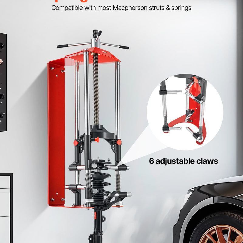 VEVOR atsperu kompresors ar 4 līmeņu regulēšanu, universālu stiprinājumu un daudzfunkcionāliem āķiem, paredzēts spirālatsperu saspiešanai līdz 1360 kg, piemērots apvidus auto, kravas auto un pikapu lietošanai