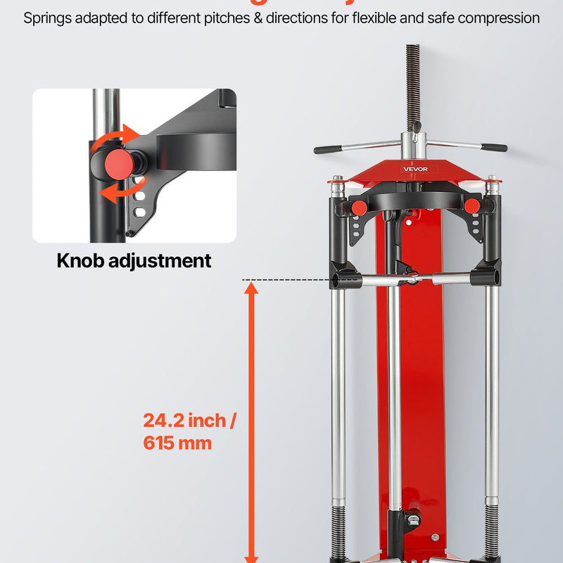 VEVOR atsperu kompresors ar 4 līmeņu regulēšanu, universālu stiprinājumu un daudzfunkcionāliem āķiem, paredzēts spirālatsperu saspiešanai līdz 1360 kg, piemērots apvidus auto, kravas auto un pikapu lietošanai