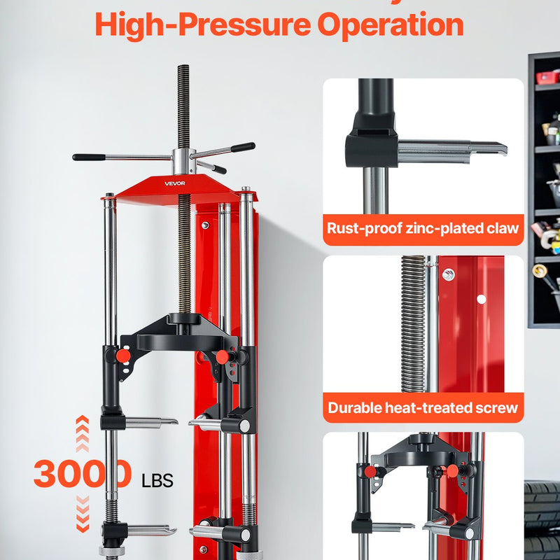 VEVOR atsperu kompresors ar 4 līmeņu regulēšanu, universālu stiprinājumu un daudzfunkcionāliem āķiem, paredzēts spirālatsperu saspiešanai līdz 1360 kg, piemērots apvidus auto, kravas auto un pikapu lietošanai