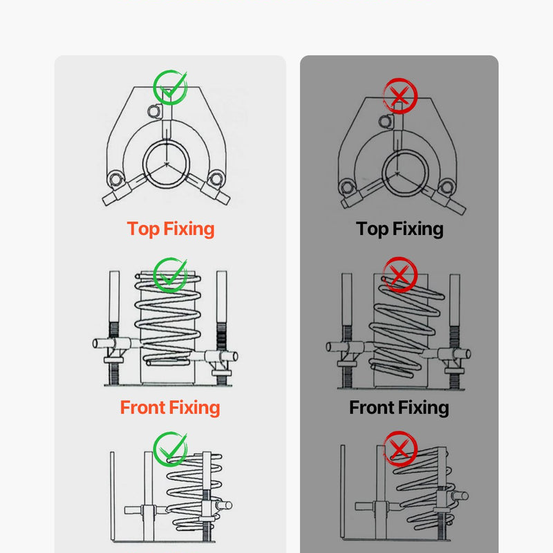 VEVOR atsperu kompresors ar 4 līmeņu regulēšanu, universālu stiprinājumu un daudzfunkcionāliem āķiem, paredzēts spirālatsperu saspiešanai līdz 1360 kg, piemērots apvidus auto, kravas auto un pikapu lietošanai