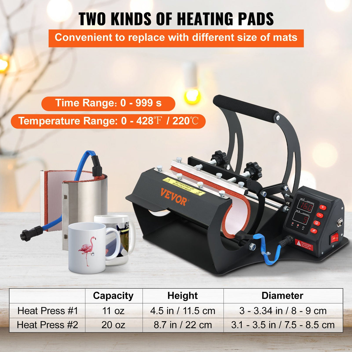 VEVOR Mug Heat Press 330 and 590 ml, Dual Plate, with LCD and Removable Mats