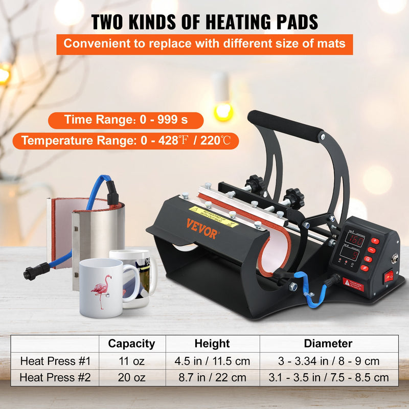 VEVOR krūžu termoprese, 330 ml un 590 ml divu plākšņu prese, LCD sublimācijas prese ar noņemamiem paklājiņiem, DIY kafijas krūzēm un slaidiem tumbleriem