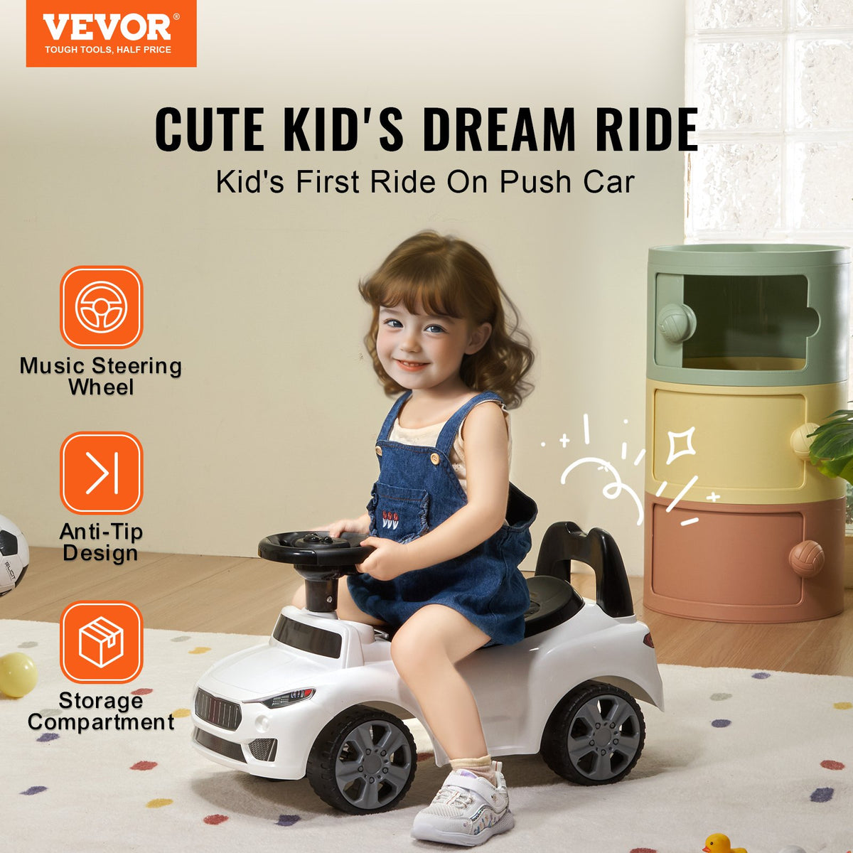 VEVOR Push Ride-On Car for Children 1-3 Years, White